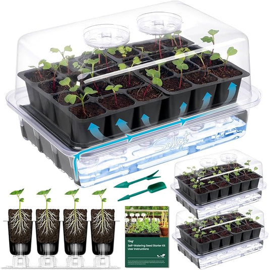 SOLIGT Self Watering Seed Starter Trays with Humidity Domes, Extra Thick Plastic Seed Starter kit for Seed Starting, Plant Germination & Seedling Growing, 3 Pack 72 Cells