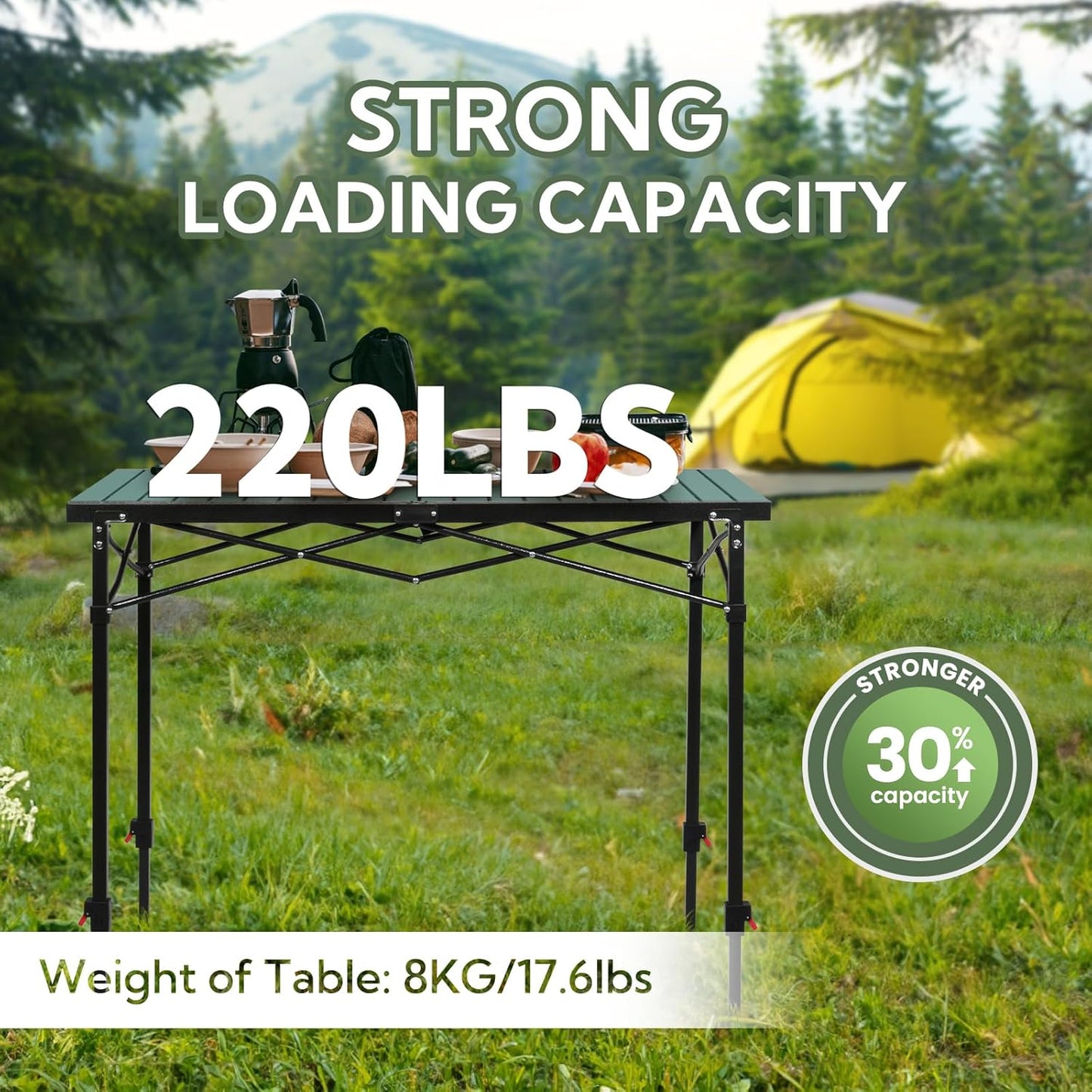 Portable Outdoor Adjustable Height Camping Table, Large for 2-6 Person, Foldable Roll-up Aluminum Camp Table with Carry Bag for Picnic, Camp, Sturdy, Stable, Loads 220 Lbs (Green)