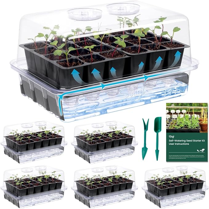 SOLIGT Self Watering Seed Starter Trays with Humidity Domes, Extra Thick Plastic Seed Starter kit for Seed Starting, Plant Germination & Seedling Growing, 6 Pack 144 Cells
