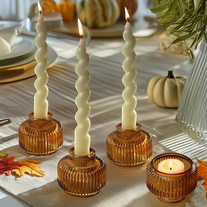 Kate Aspen Amber Taper Candle Holders for Candlesticks Set of 4 - Fluted Candlestick Holders for Fall Decor, Home Decor, Votive Candle Holder Decor, Tea Light Holder, Centerpiece Table Decorations