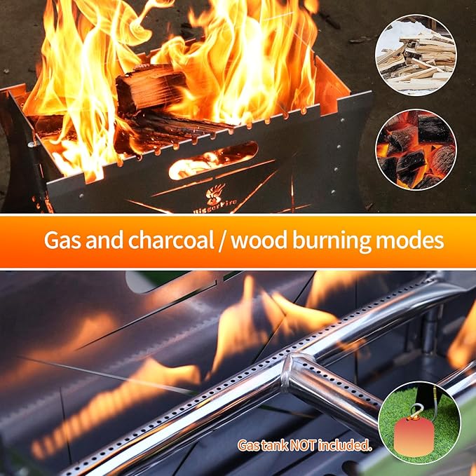 Camping Grill Folding Charcoal Grill,2 in 1 Portable Duel Fuel Charcoal or Gas Grill or Fire Pit,Stainless Steel Camping Barbecue Grill for Outdoor Barbecuing Picnicking with Storage Bag