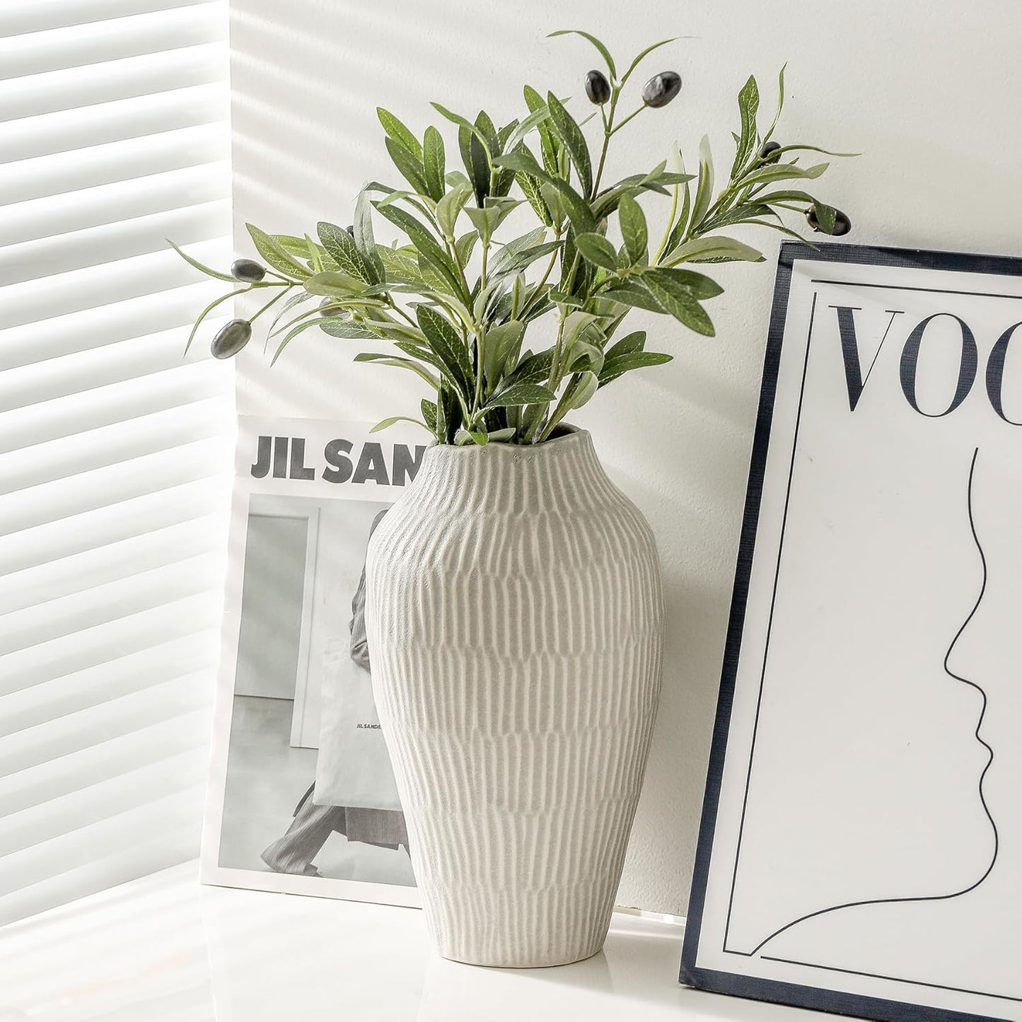 Ceramic Vase for Home Decor,11.6 Inch Flower Vases,Decorative Blue Vase for Pampas Grass,Modern Art Texture Vases for Home Entryway Living Room Dining Table Farmhouse Office Decor(Grey)