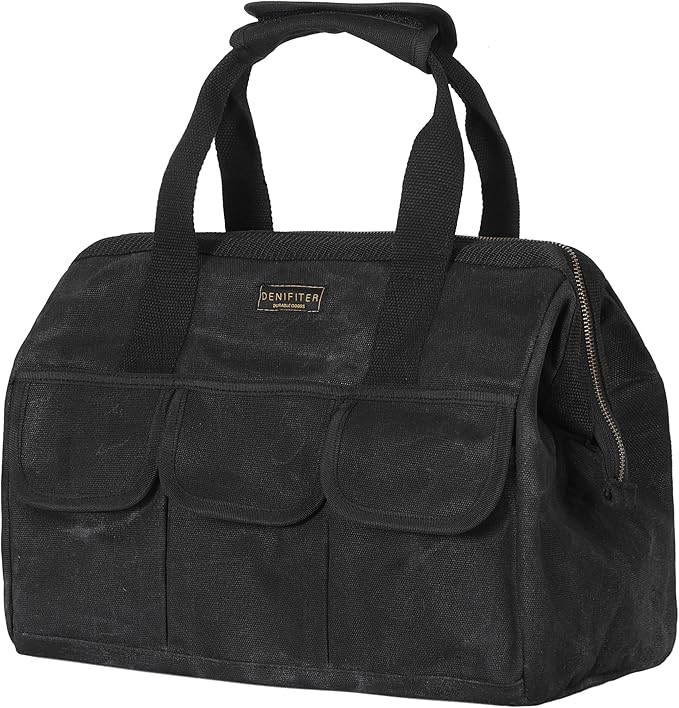 Heavy-Duty 16oz Waxed Canvas Tool Tote with Zipper, Multi-Purpose Organizer Tool Bag with 15 Pockets | 15"L X 7.8"W X 11.5"H