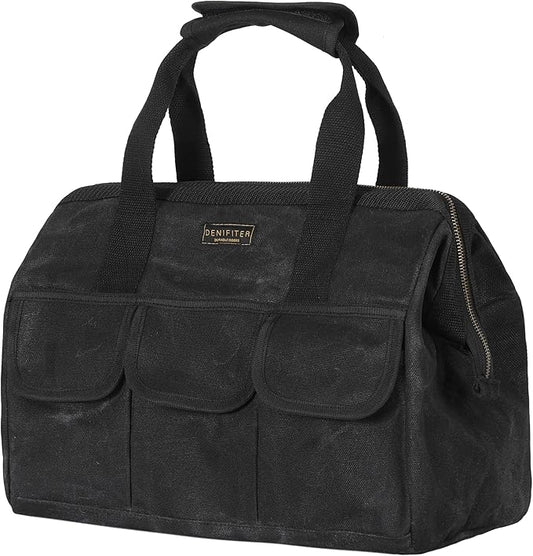 Heavy-Duty 16oz Waxed Canvas Tool Tote with Zipper, Multi-Purpose Organizer Tool Bag with 15 Pockets | 15"L X 7.8"W X 11.5"H