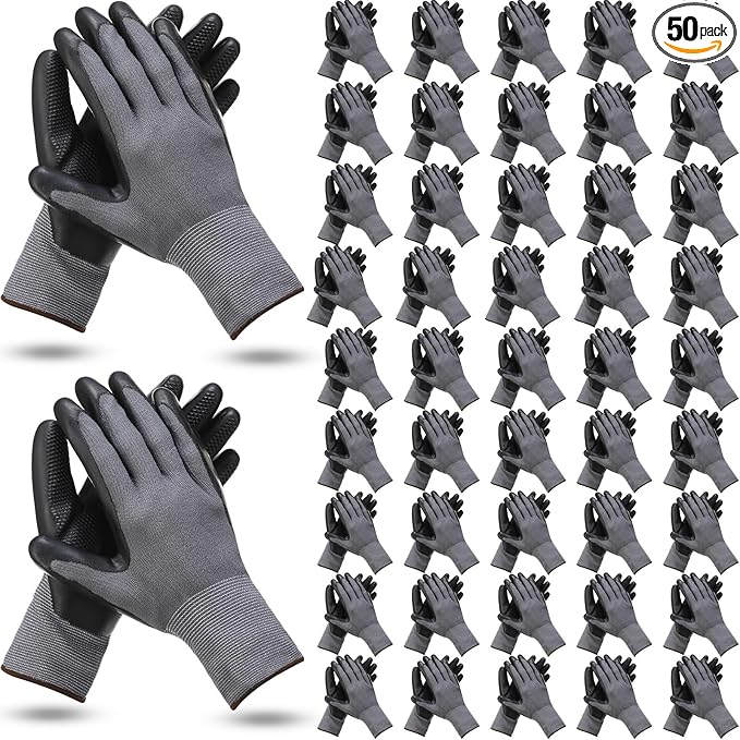 Jexine 50 Pairs Gardening Work Gloves Bulk for Men Women Breathable Rubber Coated Garden Dipped Gripping Outdoor Working Gloves for Construction, Gray