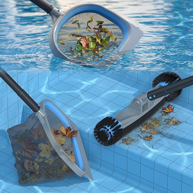 UIRWAY 3-in-1 Deluxe Swimming Pool Cleaning Kit - Includes Pool Brush with Detachable Side Round Ends, Deep Leaf Skimmer Net & Flat Fine Mesh Net for Inground & Above Ground Pools Cleaning(No Pole)