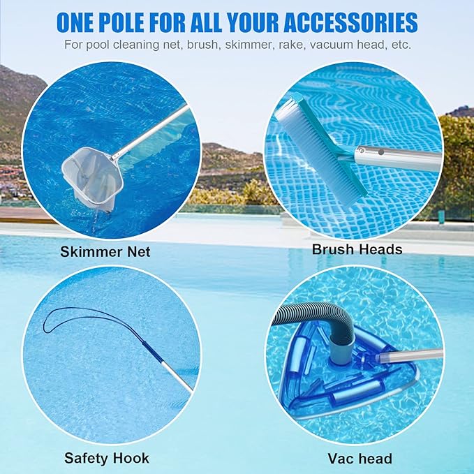 Professional 16 Foot Telescopic Aluminum Swimming Pool Pole - Attach Connect Skimmer Nets, Rakes, Brushes, Vacuum Heads Cleaning