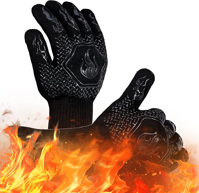 BBQ Fireproof Gloves, Grill Cut-Resistant 1472°F Heat Resistant Gloves, Non-Slip Silicone Oven Gloves, Kitchen Safe Cooking Gloves for Oven Mitts,Barbecue,Cooking, Frying,13.5 Inch-Black