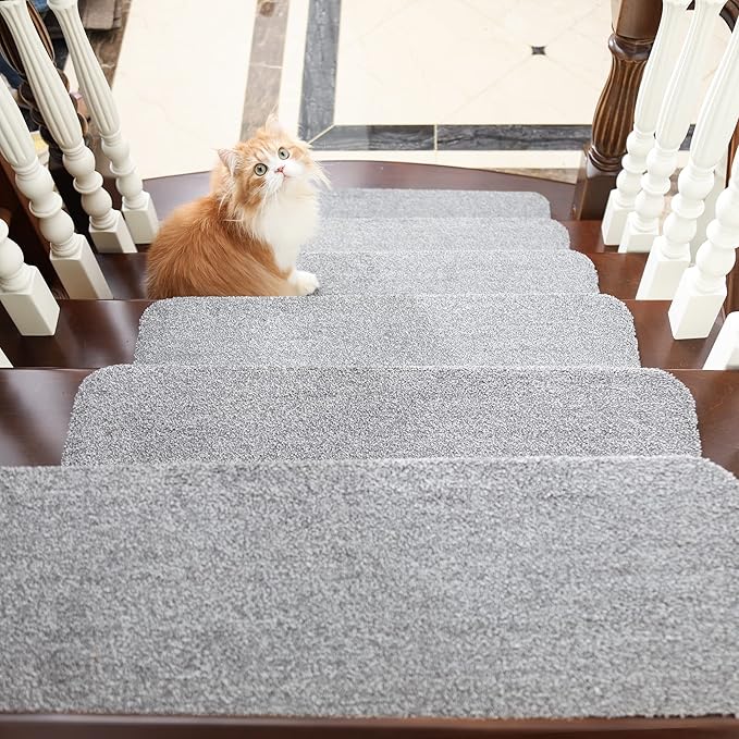 COSY HOMEER Stair Treads Non-Slip Carpet Mat 28inX9in Indoor Stair Runners for Wooden Steps, Stair Rugs for Kids and Dogs, 100% Polyester TPE Backing 4pcs,Grey,Protect Floor