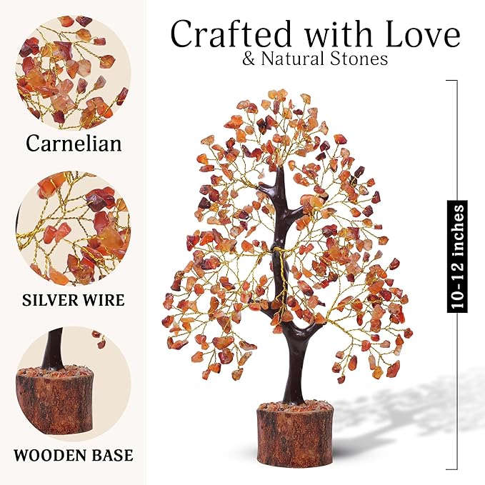 FASHIONZAADI Carnelian Healing Crystal Handmade Bonsai Tree for Positive Energy, Crystal Tree of Life Home and Office Feng Shui Decor, Good Luck, Money, Christmas Decor, Birthday Gifts for Women, Mom