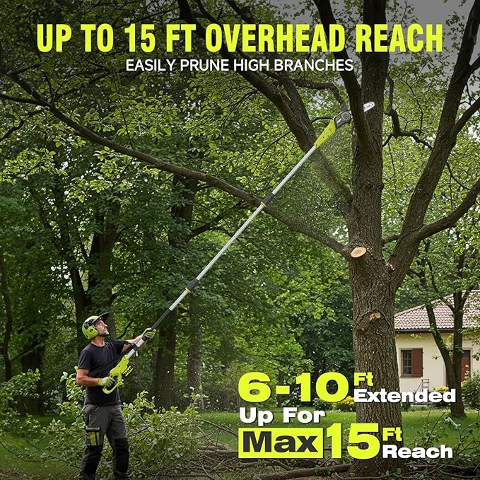 Alloyman 20V Cordless Pole Saw 8-inch, 15 Ft MAX Reach Electric Pole Saw for Tree Trimming, Tree Trimmer for Pruning Branches，with 2 * 4.0Ah Batteries & Charger, 2*Chains