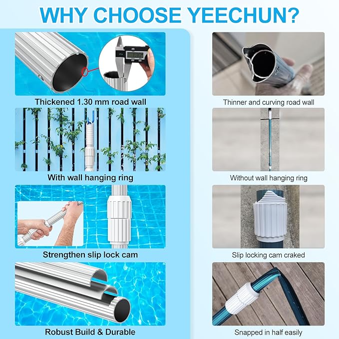 YEECHUN Professional 15 Foot Swimming Pool Pole Telescopic Aluminum Fits Pool Net Skimmer Rake Vacuum Head Brush Cleaning Equipment Heavy Duty,for Skimmer Nets, Vacuum Heads and Brushes
