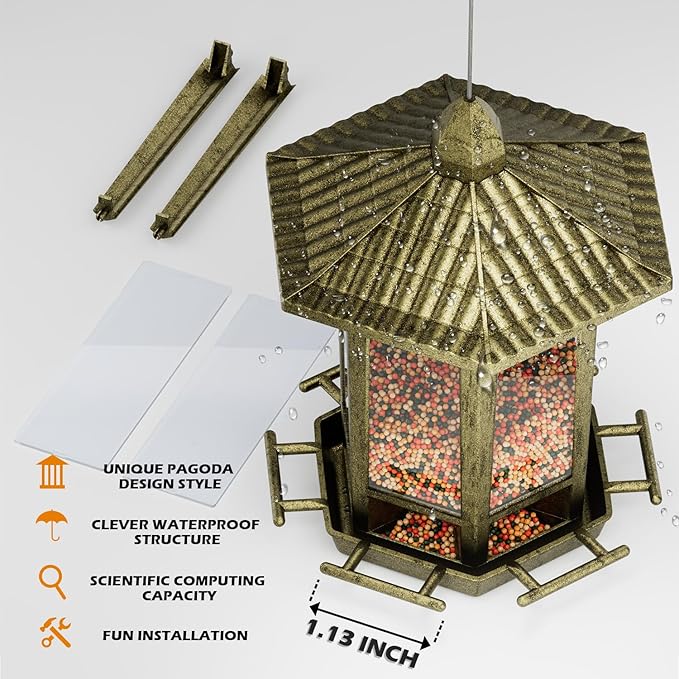 Birdream 2 Pack Bird Feeders for Outdoor, Retro Pagoda Design Fun Installation Bird Feeder, Attracting Wild Birds Chickadees Goldfinches Cardinals Finches and Sparrows - Retro Gold