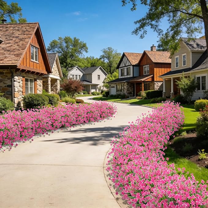 Ouddy Decor 24 Bundles Artificial Flowers for Outdoors UV Resistant Fake Plastic Plants Faux Greenery Stems for Spring Summer Indoor Garden Patio Window Box Kitchen Home Decor, Pink