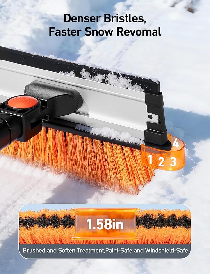 AstroAI 47.2" Ice Scrapers for Car Windshield, 3 in 1 Sturdy Snow Brush with Squeegee, 10 Adjustable Length Settings, Extendable Aluminum Handle, 180° Pivoting Snow Scraper for Car, Truck, SUV(Orange)