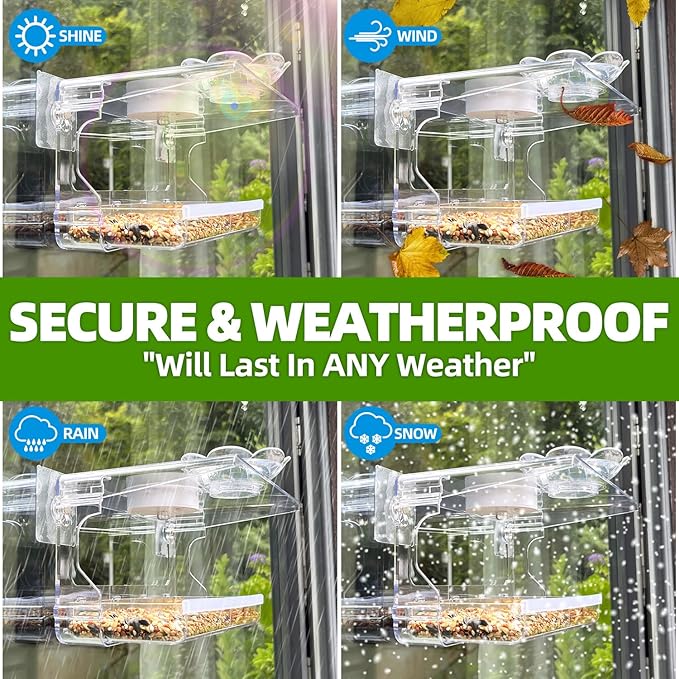 Window Bird Feeder with Non-Marking Self-Adhesive Hooks, Clear and Transparent, Outdoor Wild Bird Watching Gift, Garden Decor (with Solar Light)