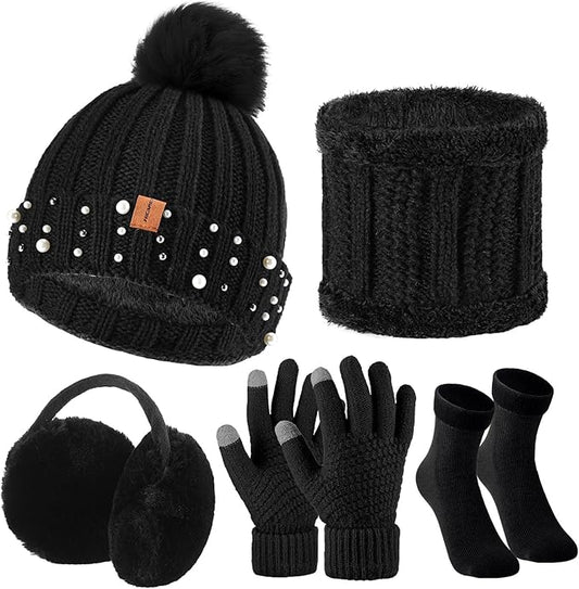 5 Pieces Women Winter Warm Set Knit Beanie Hat Scarf Touchscreen Gloves Earmuffs Stockings 5 in 1 Ski Outing Set for Gift
