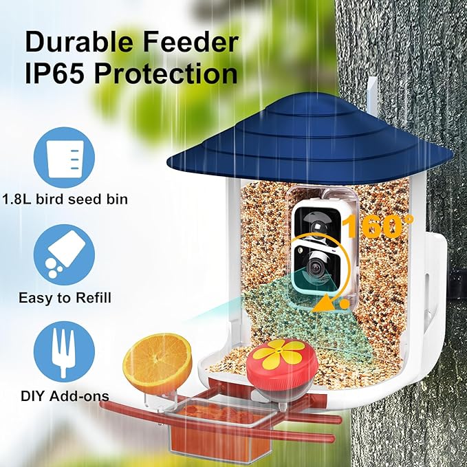 birdsnap® TUC Smart Bird Feeder with Camera 2K HD, Solar Panel 32GB Card 4-in-1 Perch, 160°View Auto Detect & Notify AI Identify Video Bird Camera Wireless Outdoors Ideal Gift for Birds Lover