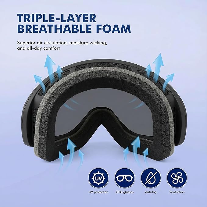 Cylindrical Ski Goggles, OTG Snowboard Goggles for Men & Women, Anti-Fog & 100% UV400 Protection Snow Goggles for Skiing & Snowboarding