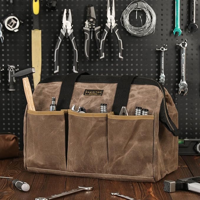 Tool Bag, 15-inch Heavy Duty 16oz Waxed Canvas Wide Mouth Water-Resistant Tool Bag, Tool Tote with Handle for Tools, Wrenches, Screwdrivers (15 X 7.8 X 11.5 inch) | Grey
