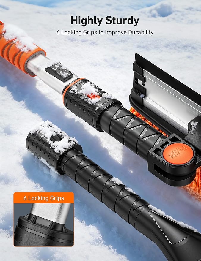 AstroAI 47.2" Ice Scrapers for Car Windshield, 3 in 1 Sturdy Snow Brush with Squeegee, 10 Adjustable Length Settings, Extendable Aluminum Handle, 180° Pivoting Snow Scraper for Car, Truck, SUV(Orange)