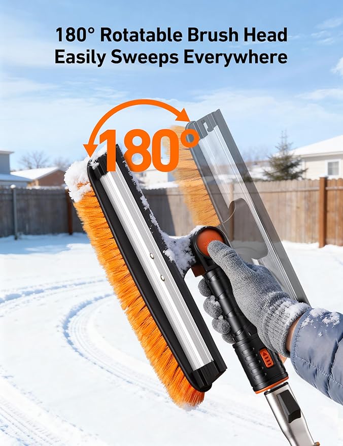 AstroAI 47.2" Ice Scrapers for Car Windshield, 3 in 1 Sturdy Snow Brush with Squeegee, 10 Adjustable Length Settings, Extendable Aluminum Handle, 180° Pivoting Snow Scraper for Car, Truck, SUV(Orange)