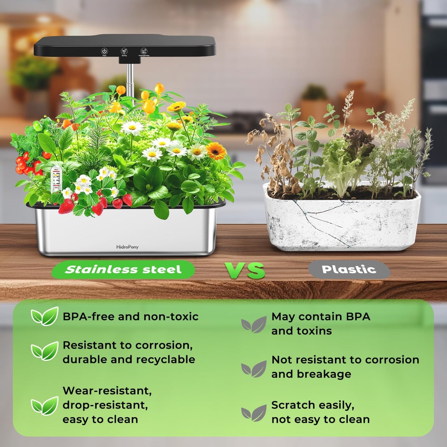 Stainless Steel Hydroponics Growing System kit Indoor Garden: 15 Pods Herb Garden with 24W Full Spectrum Grow Light, Hydroponic Gardening System with Silent Pump, Planting Height Up to 19.7"