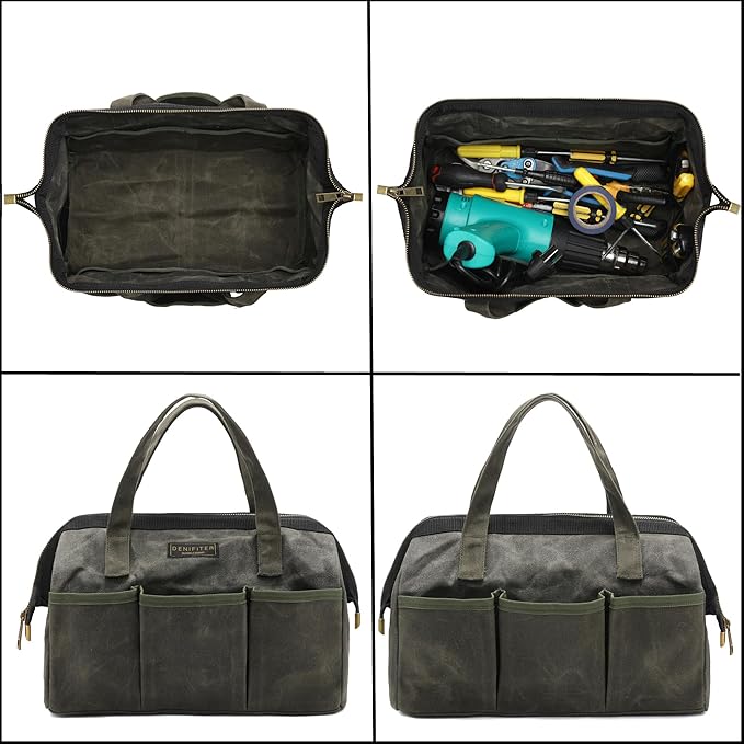 13-inch Tool Bag, Heavy Duty Wide Mouth Water-Resistant Tool Bag, Tool Tote with Handle for Tools, Wrenches, Screwdrivers (13 X 7.8 X 9 inch) | ArmyGreen