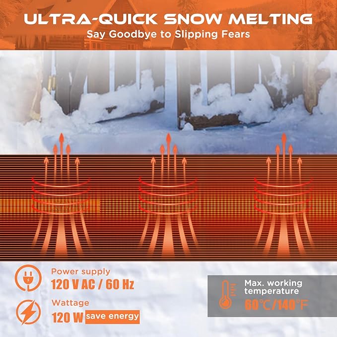 HEATIT Heated Snow Melting Mats, Heated Outdoor Rubber Mats for Stairs, Snow Melting and Ice Melting Mats for Sidewalks (10" X 38")