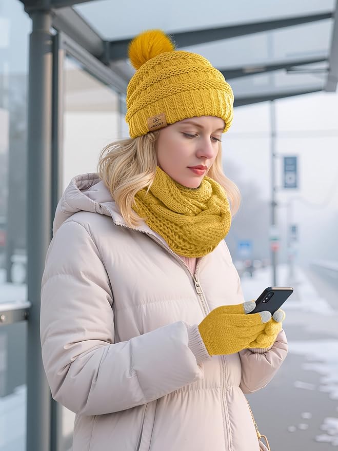 URATOT 4-In-1 Winter Warm Sets Knitted Scarf Touch Screen Gloves Beanie Pompom Hat and Winter Ear Warmer for Men or Women