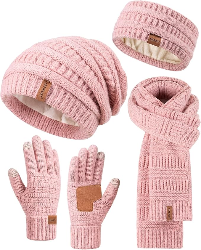 Womens Winter Beanie Hat Scarf Gloves Headband Set, Slouchy Beanie Ear Warmer Knit Scarf Touchscreen Gloves Warm 4 Gift Set
