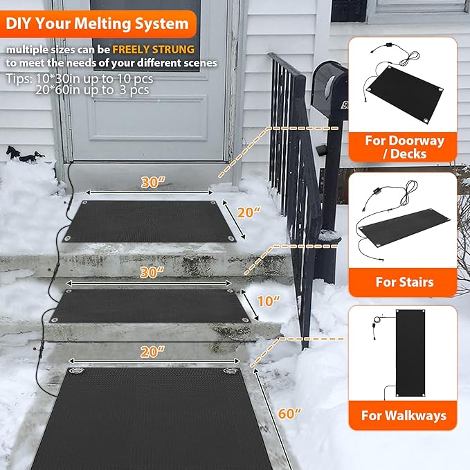 mestyl Heated Snow Melting Mats Outdoor, 10 x 30 Inch Heated Outdoor Mats, Snow and Ice Melting Mats No-Slip Winter Outdoor Heated Mats for Stair, Walkway, Steps, Sidewalks, Decks, Driveway, 4Pcs