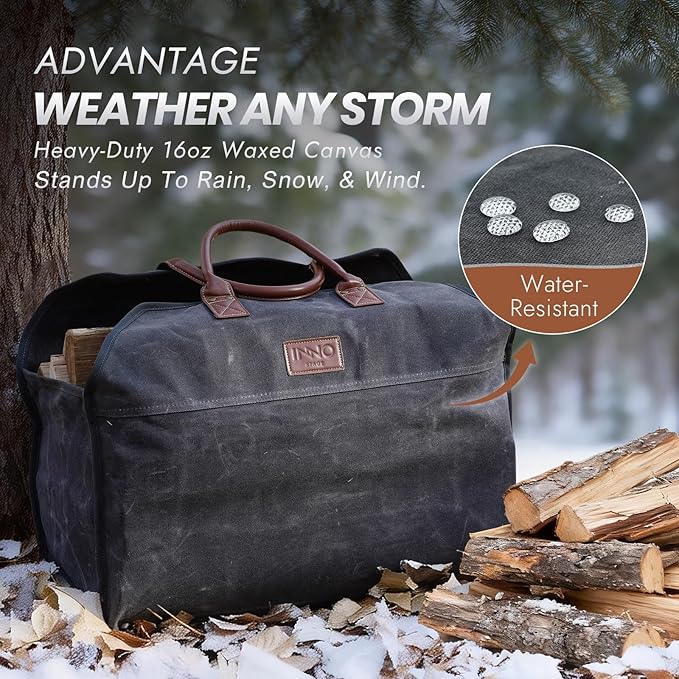 INNO STAGE Waxed Canvas Firewood Log Carrier, Extra Large Storage Tote Bag for Camping, BBQ Barbecue
