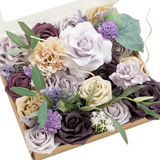 Ling's moment Fake Flowers Box, Artificial Faux Greenery Stems Silk Leaves Foam Gardenia for Wedding Bouquets Centerpieces Table Decorations Backyard Floral Arrangement, Lavender & Plum, Grand Combo