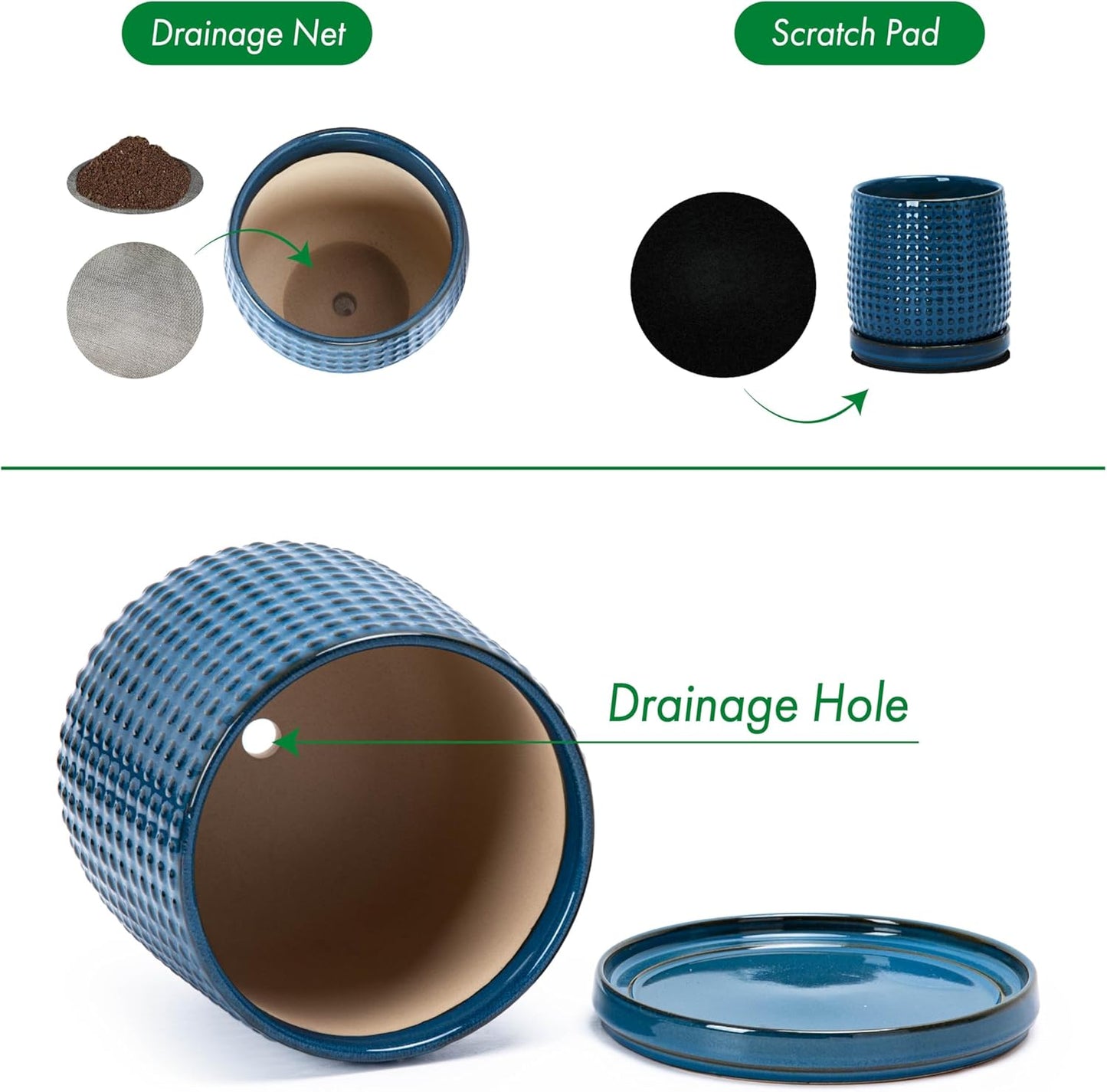 D'vine Dev Set of 2 Ceramic Plants Pots, 4 Inch Beaded Stoneware Flower Pot for Plants with Drainage Hole and Saucer, Midnight Blue, 27-E-Z-3