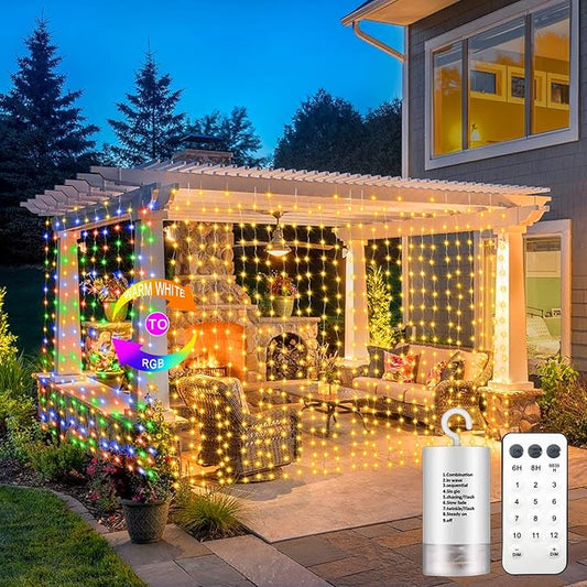 300 LED Fairy Curtain Lights 2 Color Changing, 9.8Ft x 9.8Ft Hanging Lights Battery Operated with Hooks, Outdoor Curtain Light Waterproof for Party Backdrop Patio Decorations (Warm White & Color)