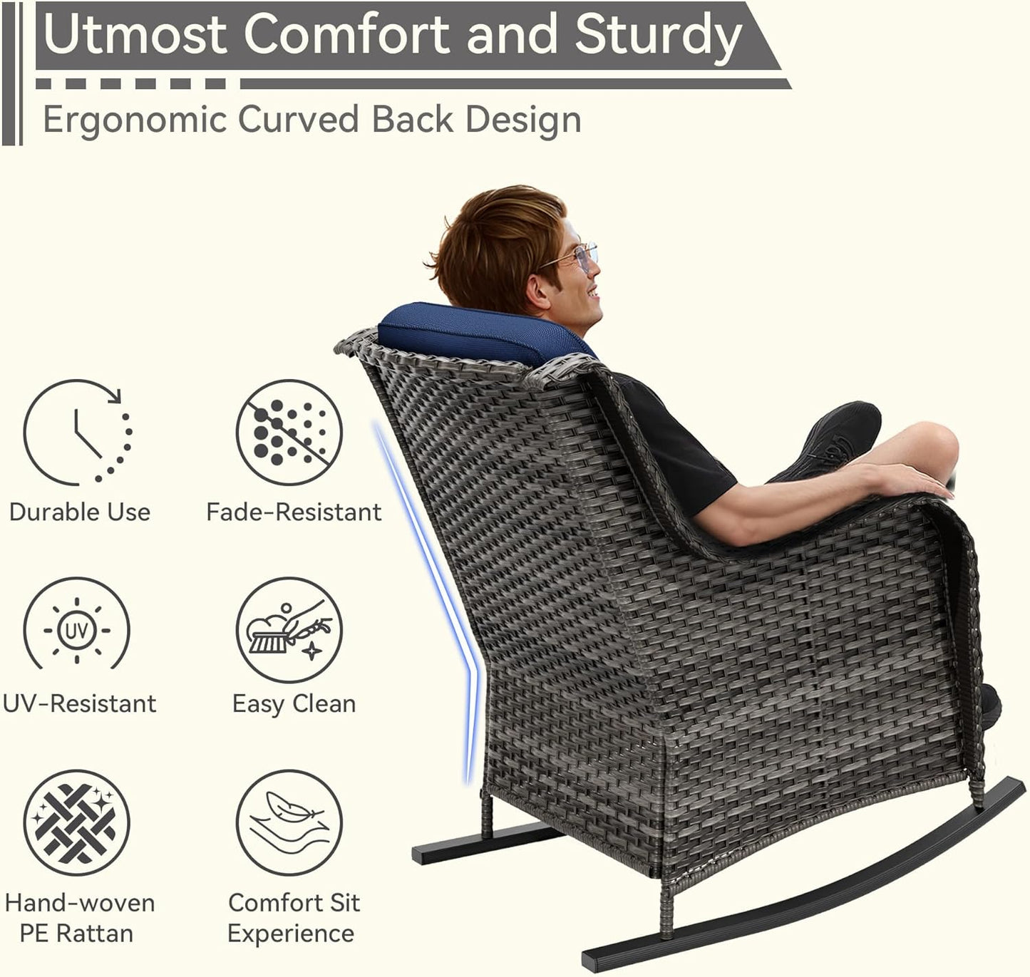 1 PC Outdoor Rocking Chair, Wicker Patio Rocker Chair for Yard, Porch, Mixed Brown Grey Rattan, Blue Cushions