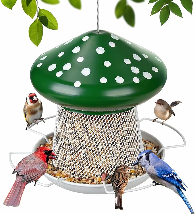 Bird Feeder, Heavy Duty Metal Bird Feeders for Outdoor Hanging, Cute Mushroom Shape Wild Birdfeeder for Outside Garden Yard (Green)