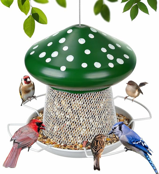 Bird Feeder, Heavy Duty Metal Bird Feeders for Outdoor Hanging, Cute Mushroom Shape Wild Birdfeeder for Outside Garden Yard (Green)