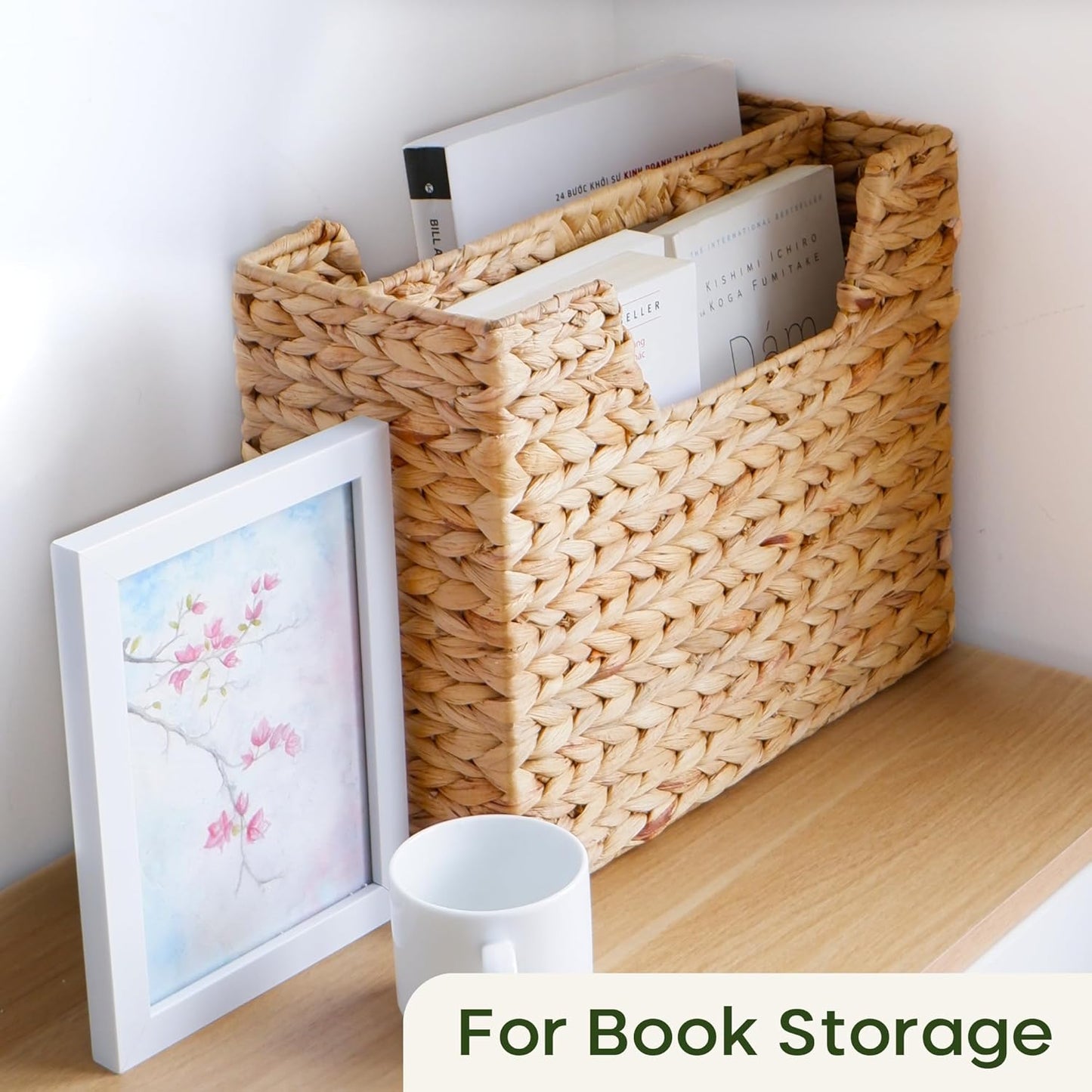 Wicker Magazine Basket, Handwoven Water Hyacinth Storage Bin & Organizer for Files, Books, Newspapers, Documents, Decorative Storage Bin with Handle for Office, Living Room, Dorm, Bathroom