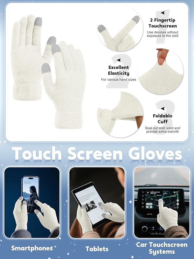 URATOT 4-In-1 Winter Warm Sets Knitted Scarf Touch Screen Gloves Beanie Pompom Hat and Winter Ear Warmer for Men or Women