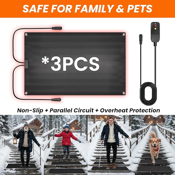 Graphene Snow Melting Mats for Stairs,Non-Slip Rubber Heated Walkway Mat,Fast Ice Melt 3 in/h,Safe & Energy Saving with Extended 50cm Cord,20"x30" with 1 Plug 3pcs