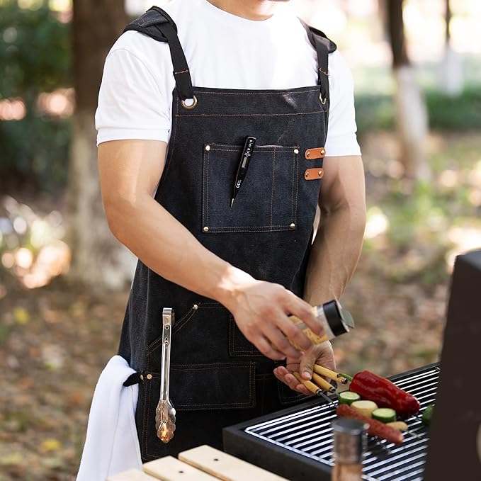 Tosewever Work Aprons for Men with Large Pockets, Canvas Cross Back Heavy Duty Adjustable Tool Aprons for Chef Cooking BBQ