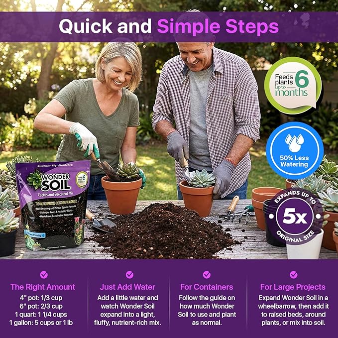 WONDER SOIL | Organic Cactus & Succulent Soil Mix (12 Quarts) | Fast Draining Living Coco Coir Loaded w/Nutrients | Ready to Plant Indoor/Outdoor Peat-Free Potting Soil | 3 LB Expands to 12 Quarts