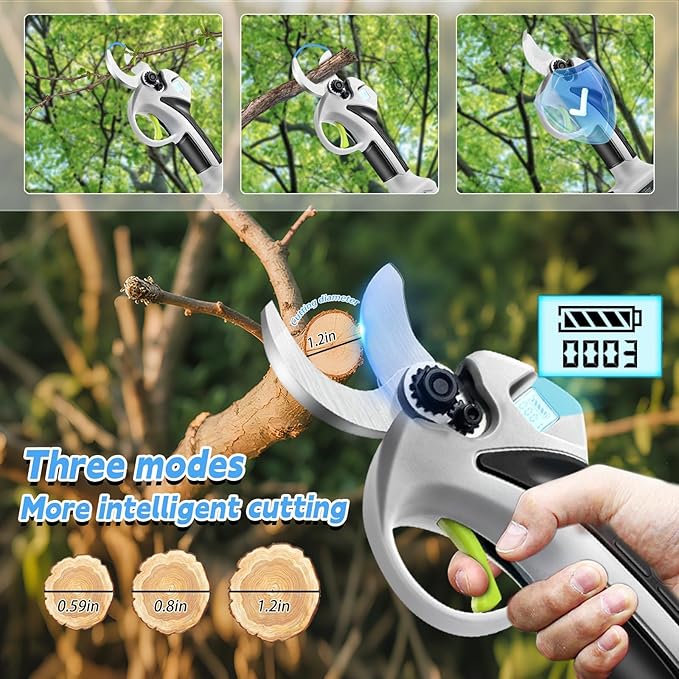 2-in-1Electric Pruning Shears with Pole,Cordless Pruning Shears with LCD Display＆SK7 Blades-Adjustable Cutting Diameter0.59-1.2"＆21V 2 x 3.0Ah Rechargeable Batteries,LCD Display.For Tree Branch(Gray)