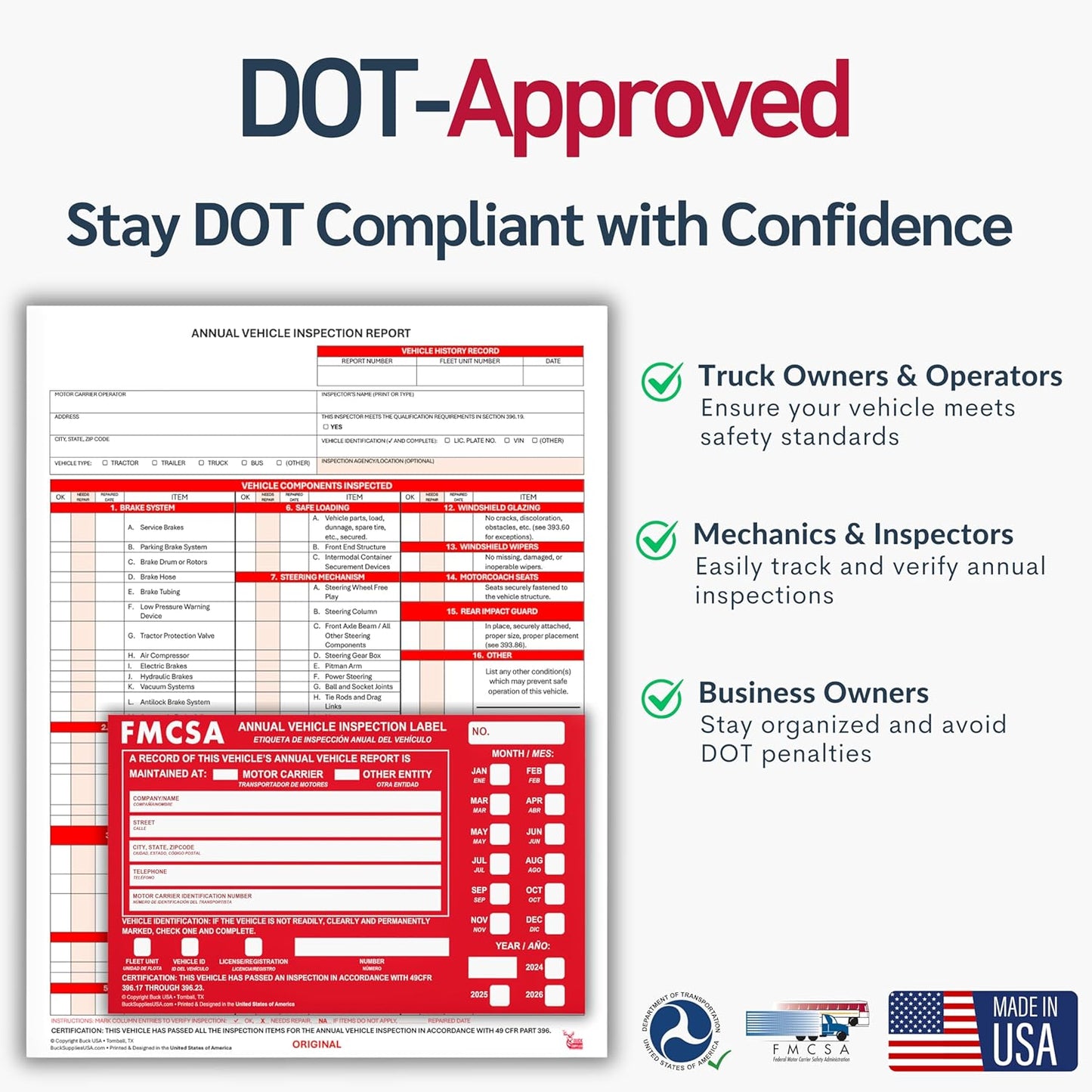 5 Pack Buck Aluminum Annual Vehicle Inspection Label with Punch Boxes, 2 Mil Red FMCSA Self Adhesive Sticker, DOT Compliant, Weatherproof, Tear Resistant, Easy to Write On, 6" x 3.5" - Made in USA