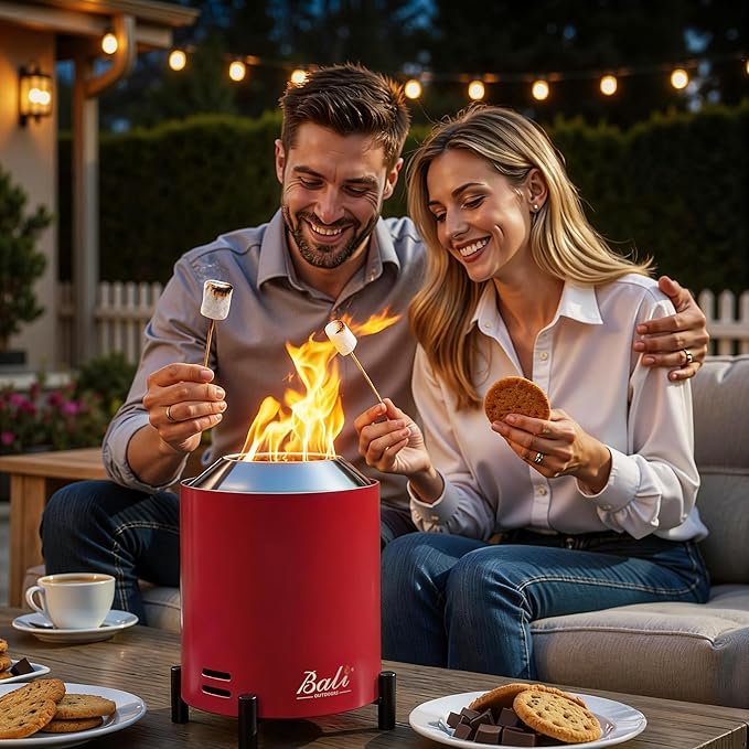 BALI OUTDOORS 6.5 inch Tabletop Fire Pit Round, Stainless Steel Table Top Firepit Small, Outdoor Smokeless Firepit Portable, Red