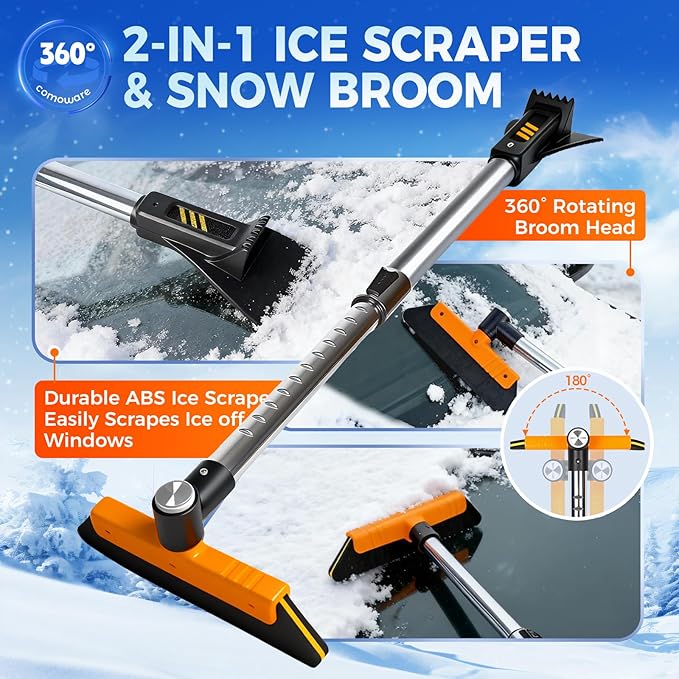 COMOWARE Telescoping 2-in-1 Snow Broom & Ice Scraper for Windshield, 32.5 in No-Scratch Snow Brush with Foam Head, Snow Remover Tool for SUV/Truck, Windows, Roof