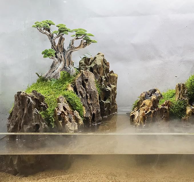Novelsite Fish Tank Decor- Bonsai Tree of The Forest with Faux Moss- Aquarium Decoration Aquascaping- Made of Sandstone, 8.8 x 4.3 x 7.8 inches