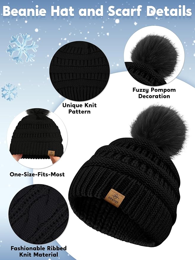 URATOT 4-In-1 Winter Warm Sets Knitted Scarf Touch Screen Gloves Beanie Pompom Hat and Winter Ear Warmer for Men or Women